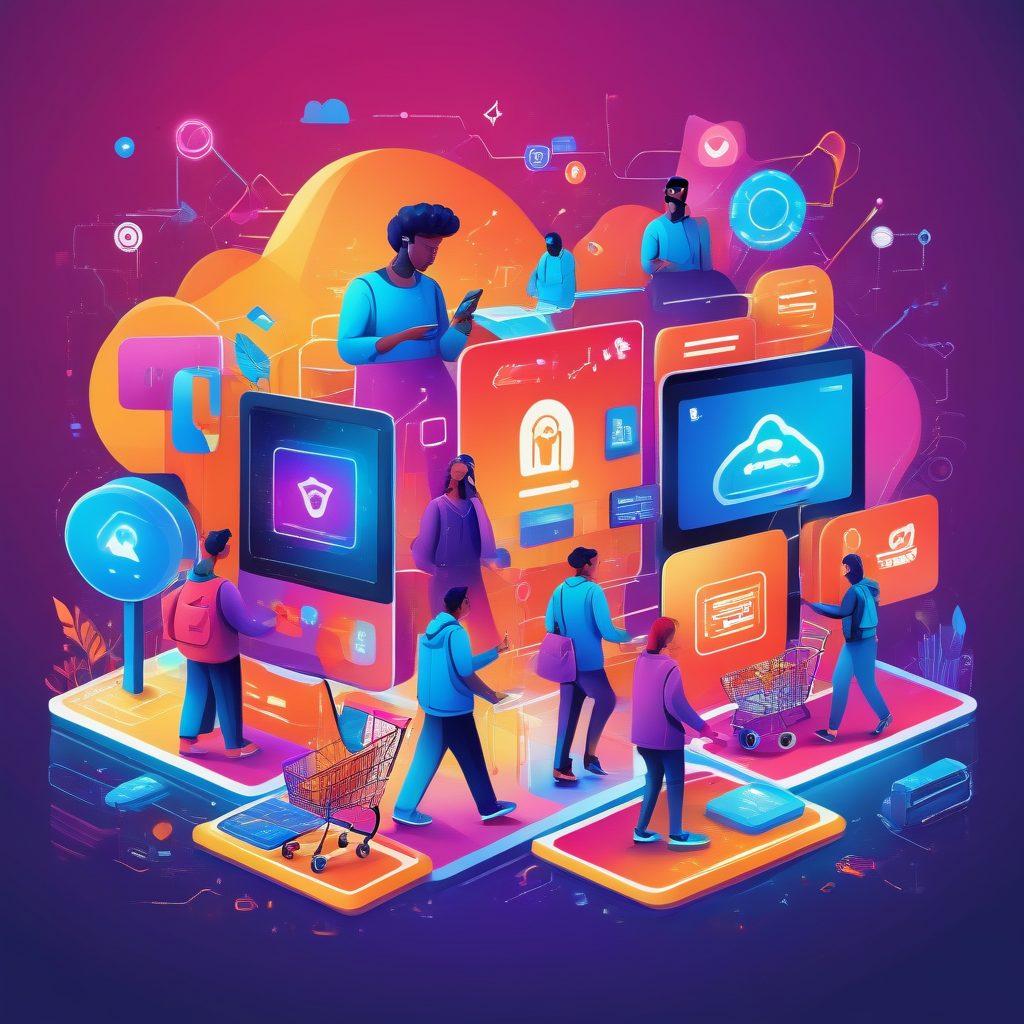 A dynamic and engaging illustration depicting a diverse group of people exploring an online marketplace, surrounded by colorful product icons like electronics, clothing, and home goods. Include vibrant touches such as shopping carts, digital devices, and abstract graphs showing online growth and connectivity to highlight the theme of mastery and strategy. The background should feature a stylized digital landscape to enhance the online atmosphere. vibrant colors. vector art.