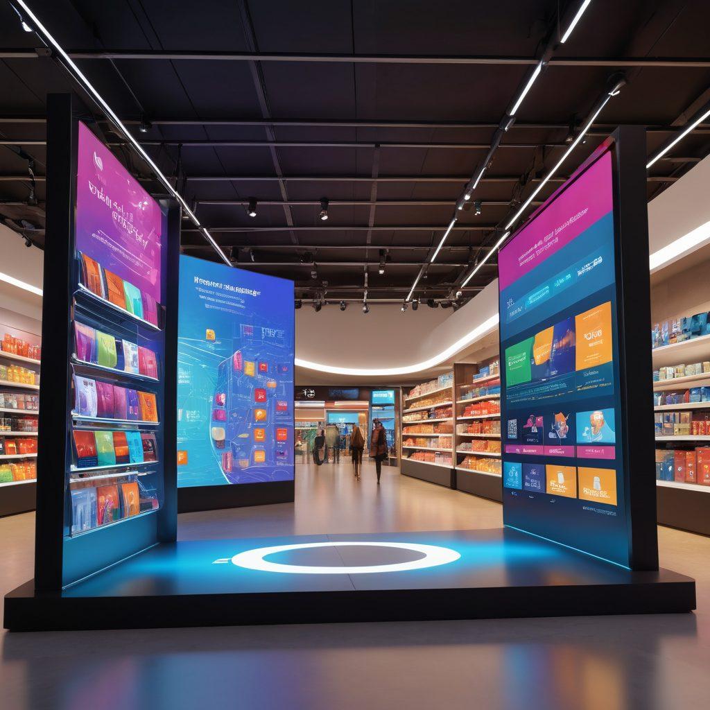 A futuristic e-commerce landscape featuring diverse online shopping experiences, with a dynamic curve graph illustrating growth trends. Show a vibrant blend of traditional shopping and digital interfaces, like AR shopping and social commerce. Include diverse consumers engaging with technology in a colorful, tech-savvy environment. super-realistic. vibrant colors. 3D.