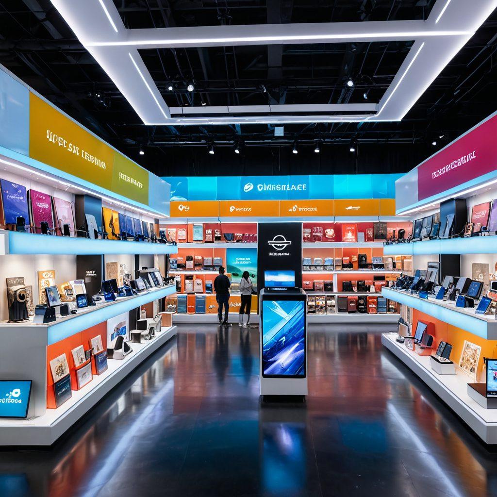 A vibrant digital marketplace scene filled with diverse shoppers exploring various colorful virtual aisles filled with products. Incorporate futuristic technology elements like holographic displays and smart gadgets. Showcase a map or guidebook featuring tips for smart shopping along the side. Use dynamic lighting to create an engaging atmosphere that conveys excitement and exploration. super-realistic. vibrant colors. 3D.